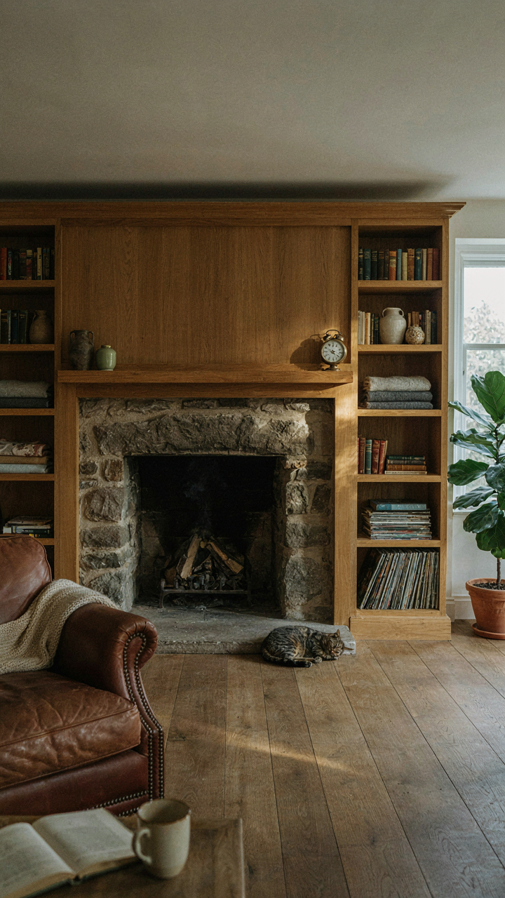 A cottage fireplace integrated with flanking built-in shelving units.