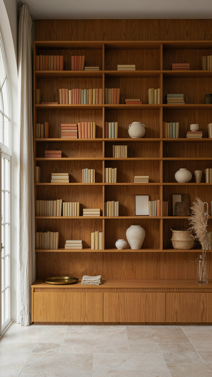 A built-in oak shelving unit and low cabinet integrated into a wall.