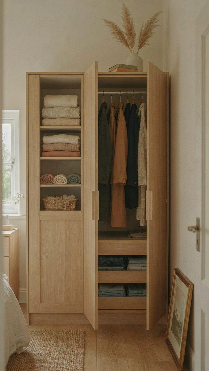 An organized built-in wardrobe with neatly folded clothes in a tiny cottage bedroom.