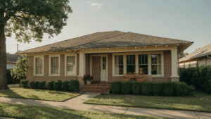 A classic bungalow exterior in muted earth tones, emphasizing its strong horizontal lines.