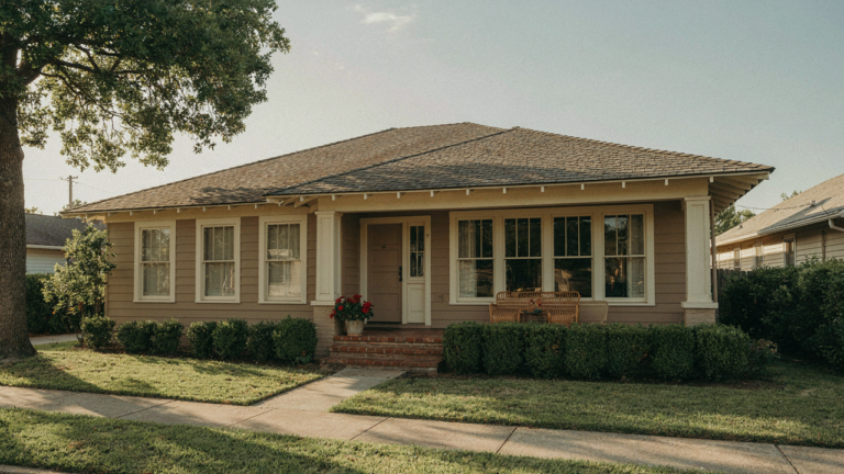 A classic bungalow exterior in muted earth tones, emphasizing its strong horizontal lines.
