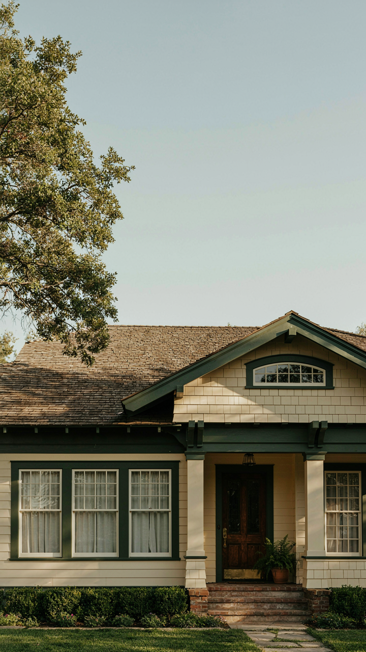 A craftsman bungalow facade with thoughtfully placed windows and a slightly off-center door.