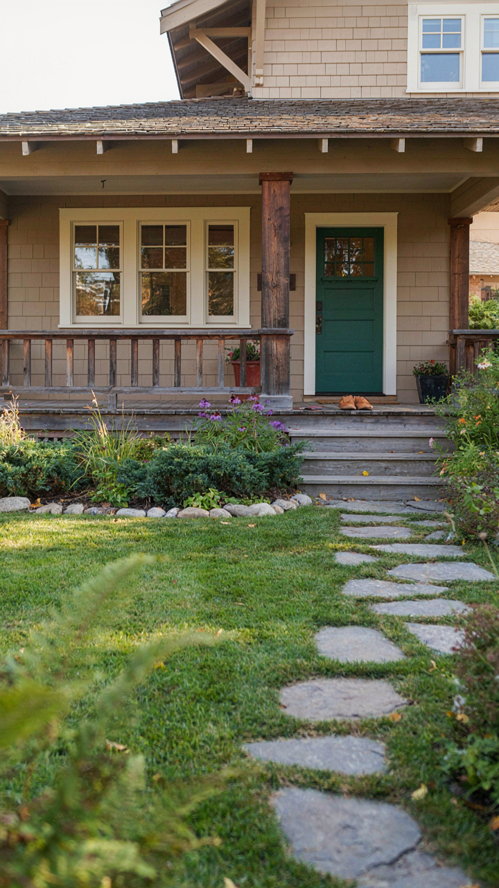 A craftsman bungalow porch connecting to a natural garden with native plants.