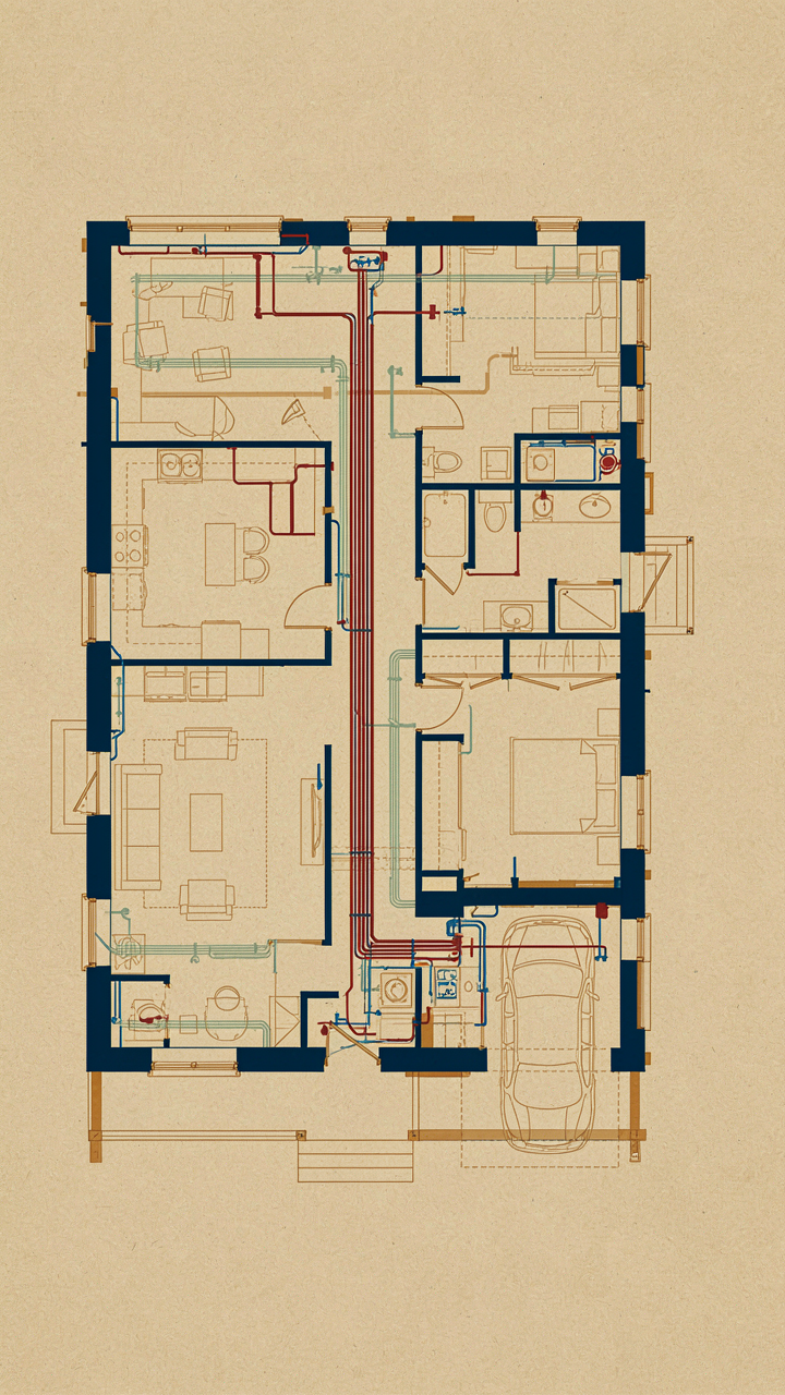 A detailed floor plan drawing shows efficient plumbing and electrical runs.