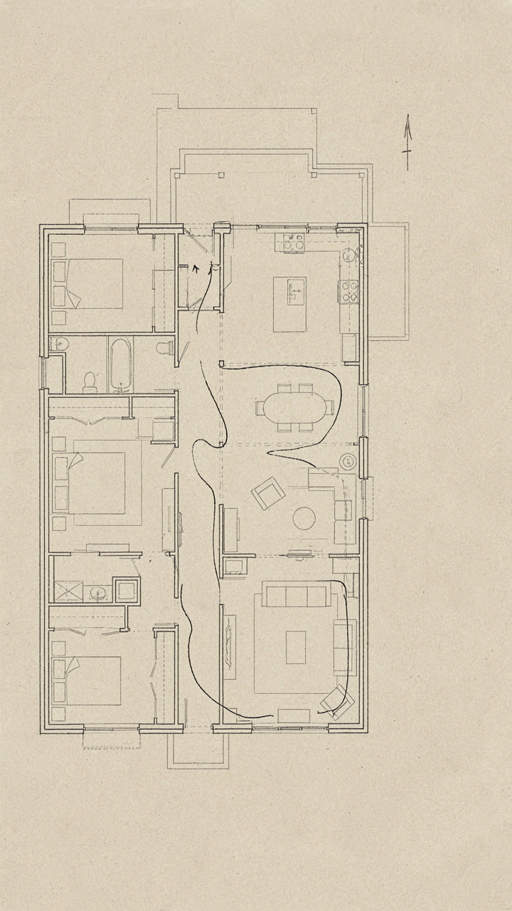Architectural floor plan showing a smooth path for a morning routine in a cottage bungalow.