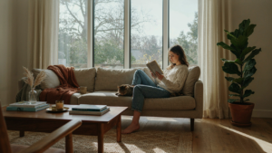 A cozy bungalow interior living room with a person reading on a sofa by a sunlit window.