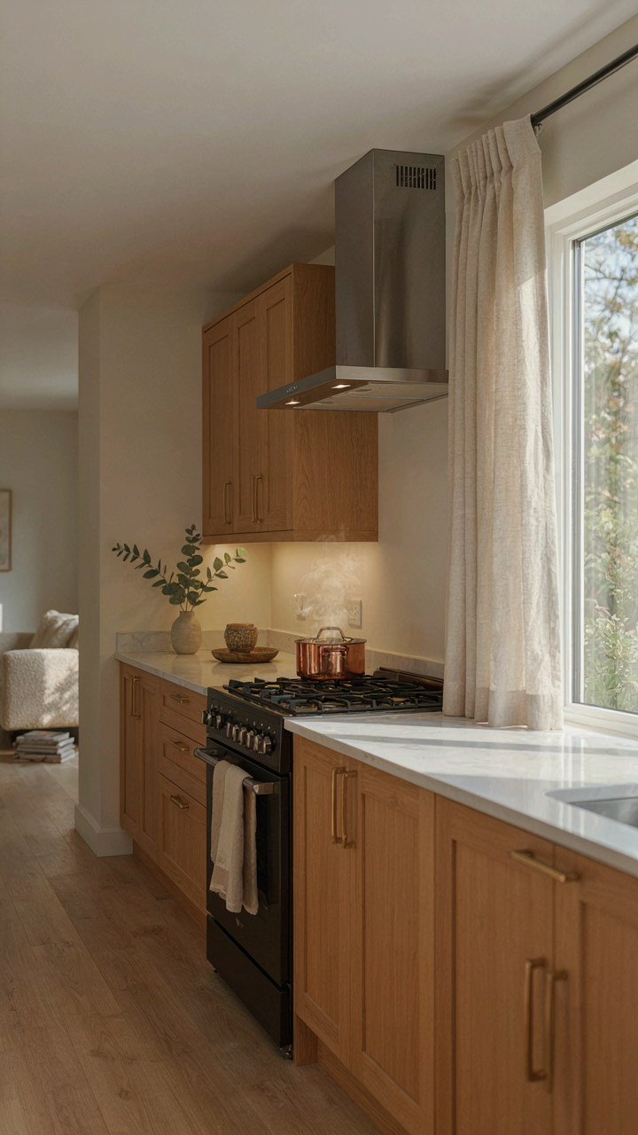 A kitchen stove on an exterior wall with an exhaust hood in a bungalow.