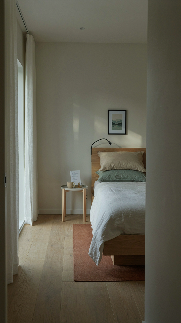 A minimalist guest cabin interior with a bed, rug, print, and an information card.