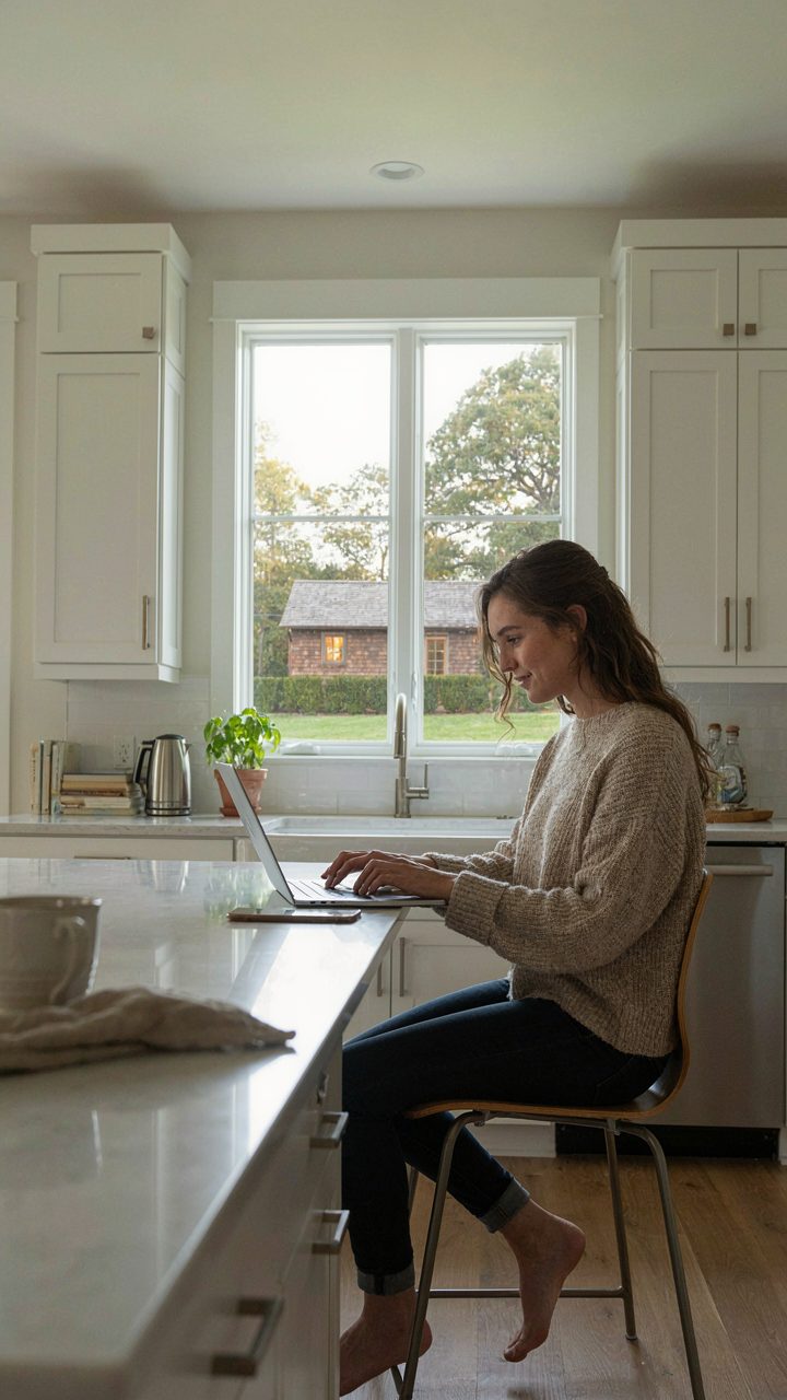 A person works in a clean main house, a guest cabin visible outside the window.