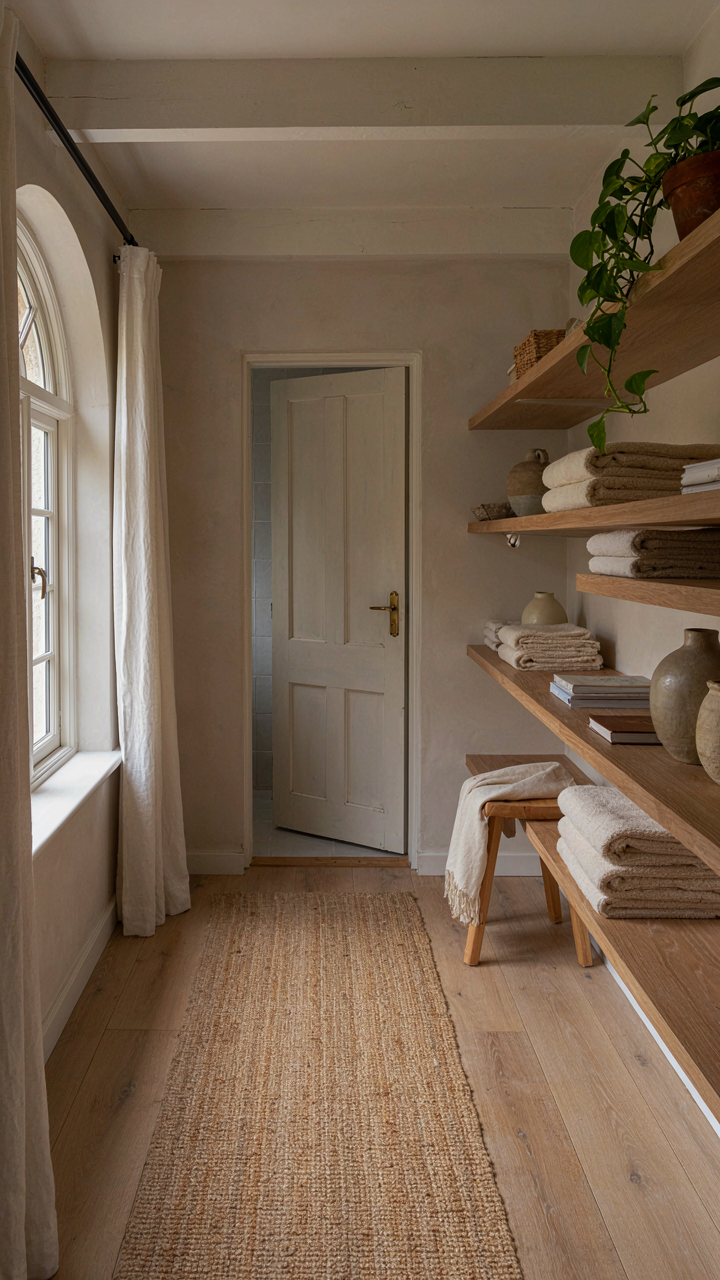 A clear, organized pathway through a small cottage loft.