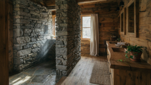 A luxurious cabin bathroom featuring a large stone shower and natural wood vanity.