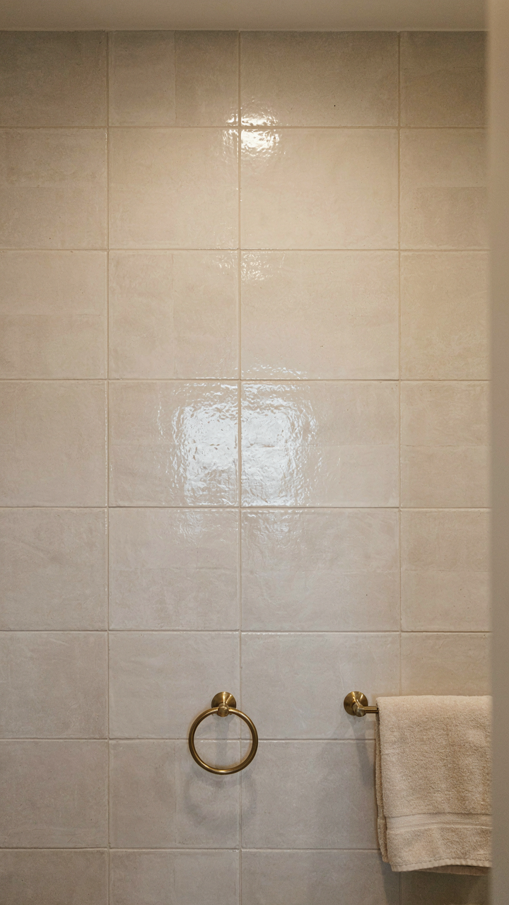A wall covered with large glossy tiles in a tiny cabin bathroom.
