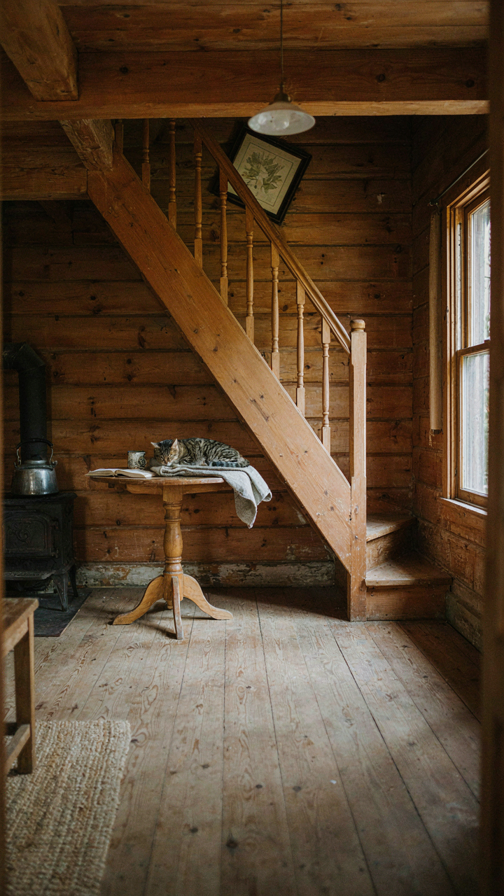 A small rustic cottage interior with low ceilings and a tight wooden staircase.