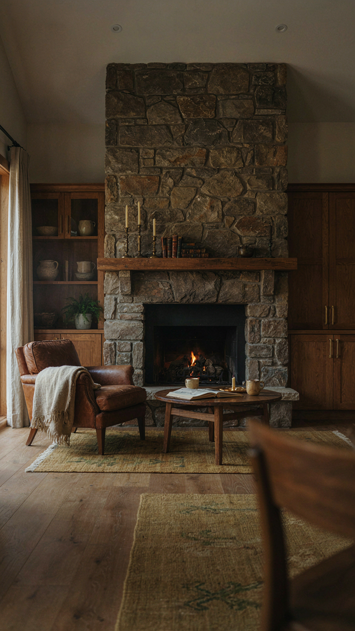 A large stone fireplace dominates a cozy cabin interior, flanked by wood cabinets.