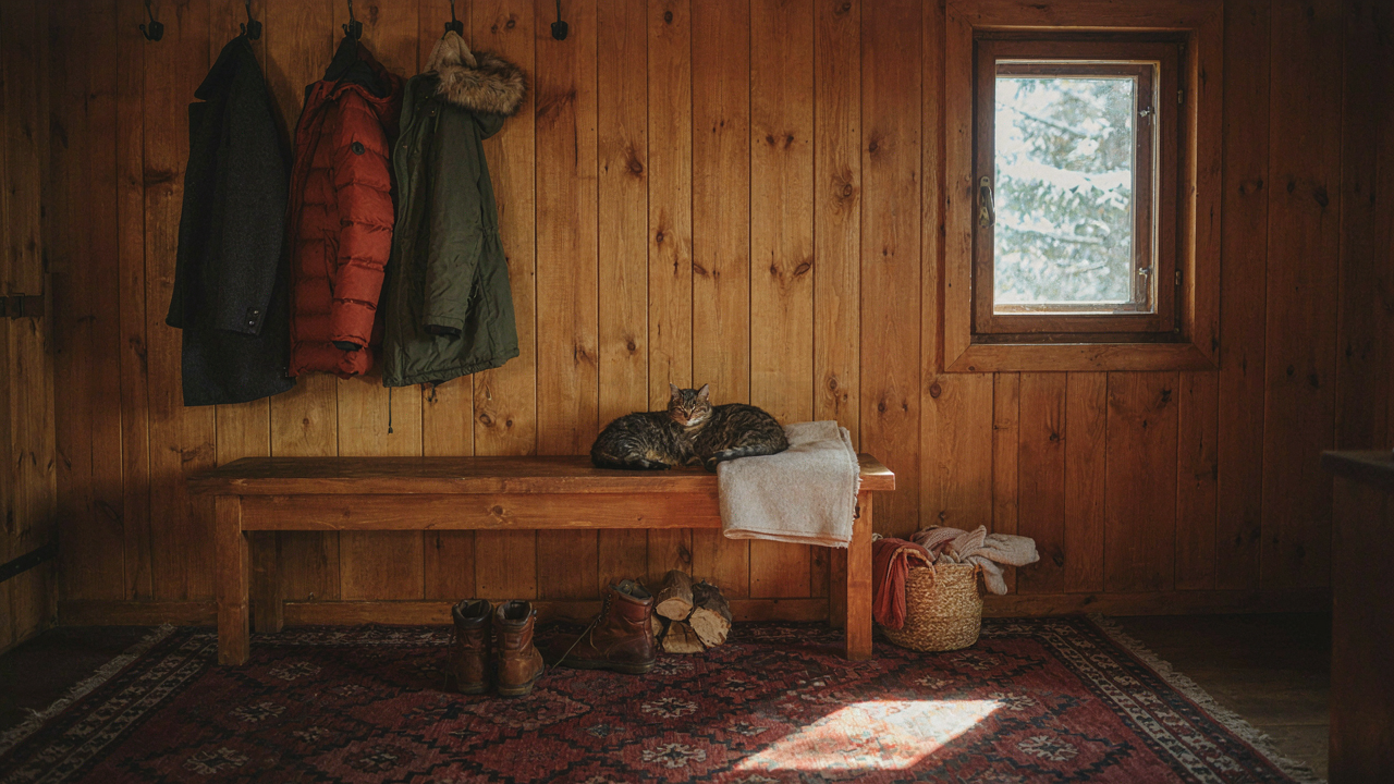 A warm and inviting cabin entryway with a wooden bench, coat hooks, and natural light.