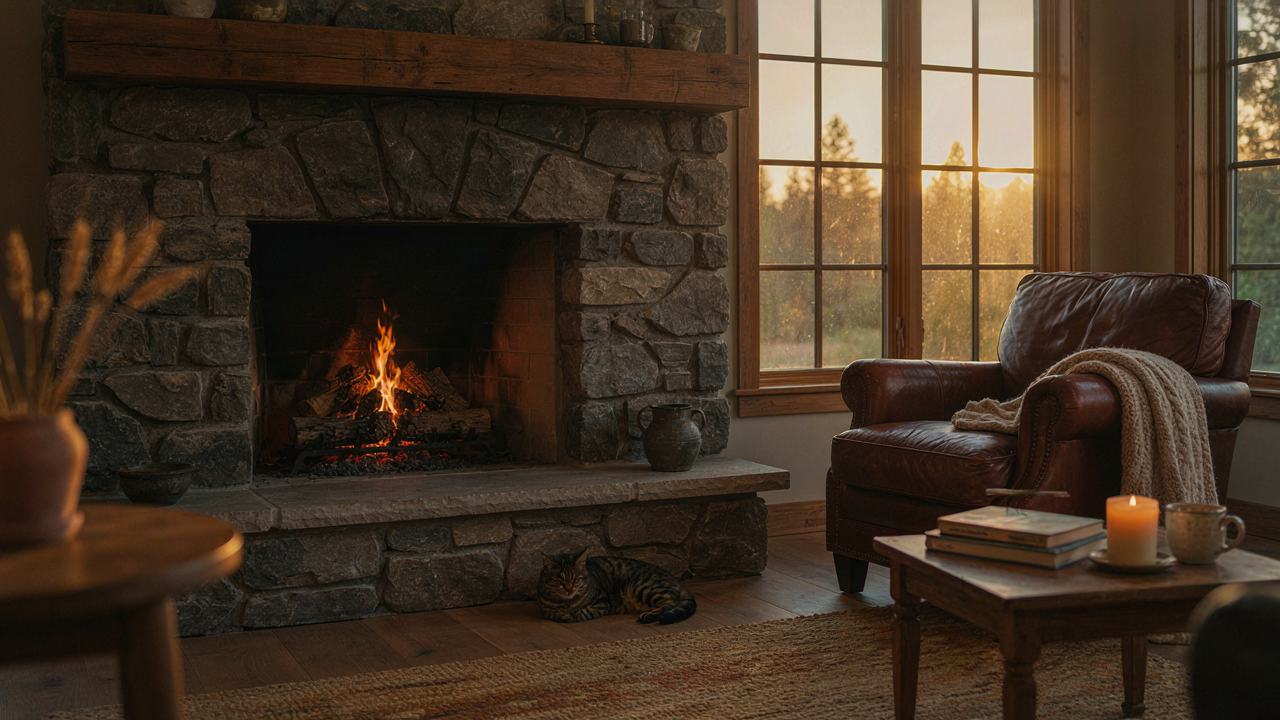 A warm cabin living room with a stone fireplace and timber mantel at sunset.