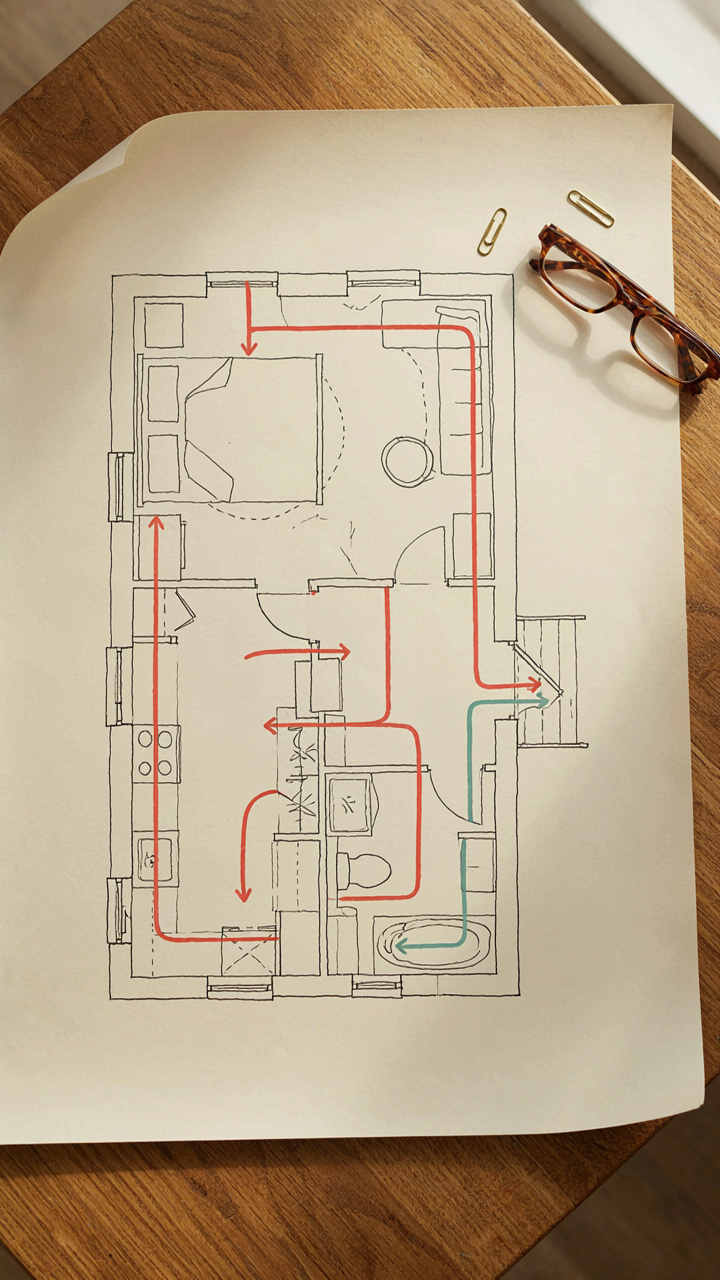 A floor plan with colored lines showing an ergonomic path between cabin rooms.
