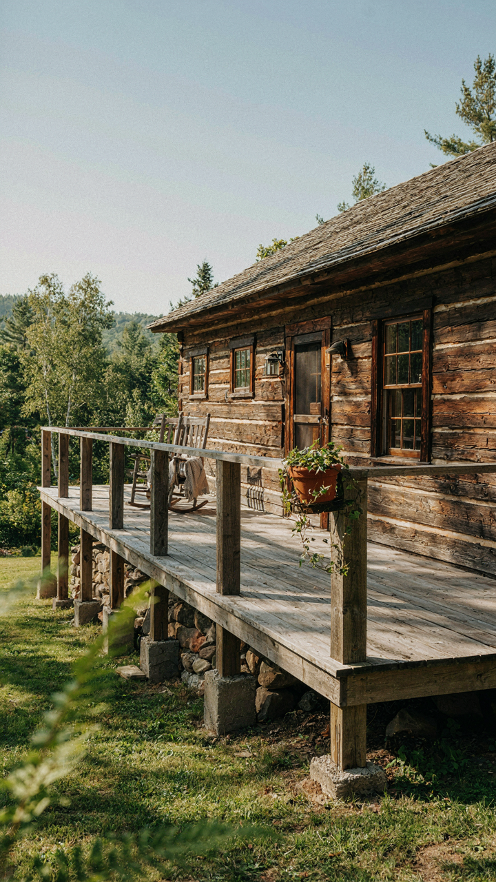 A cabin's wraparound porch shows sturdy support posts and its foundation.