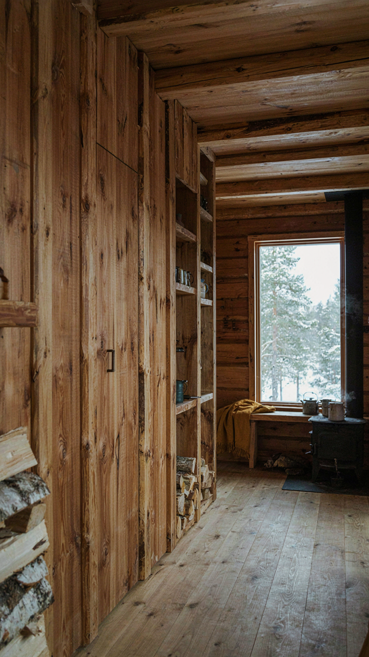 A functional Scandinavian cabin interior shows walls that are also storage.
