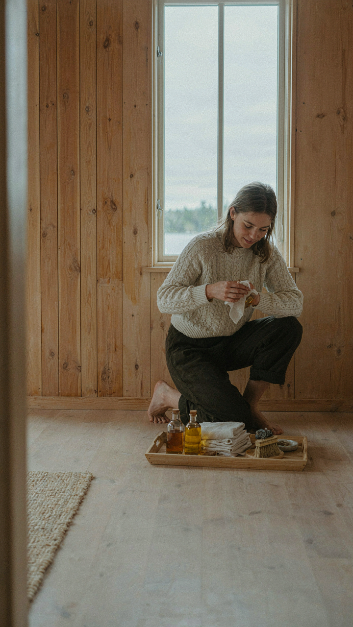 A person oils raw wood panels inside a Scandinavian lake house.
