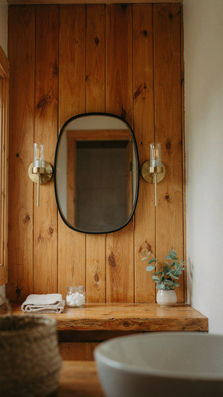A bathroom mirror with two wall sconces for task lighting.
