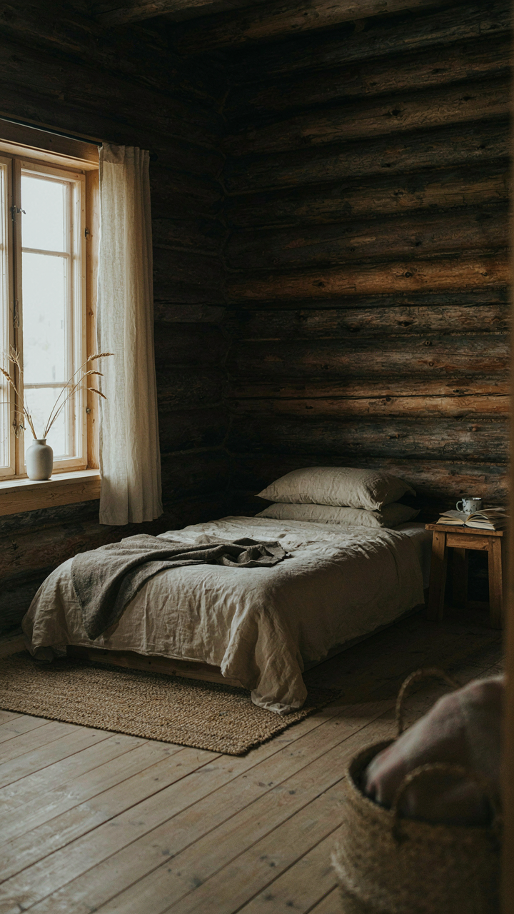 A log cabin bedroom with an east-facing window letting in bright morning light.