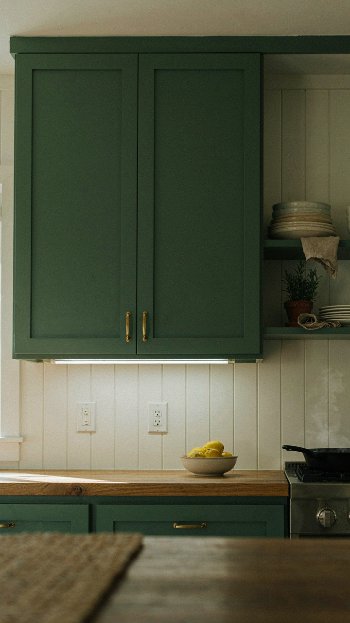 Deep forest green cabin kitchen cabinets with natural wood counters and under-cabinet lighting.