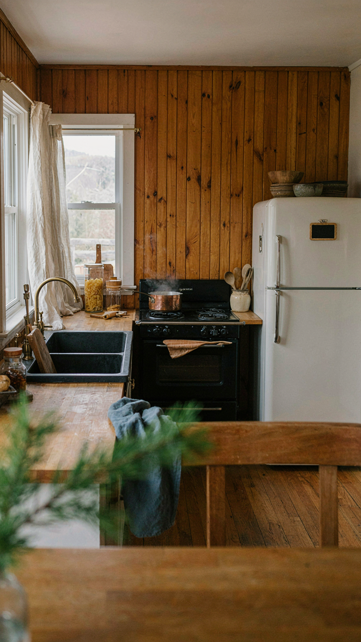 A small cabin kitchen highlights an efficient work triangle with sink, stove, and fridge close.