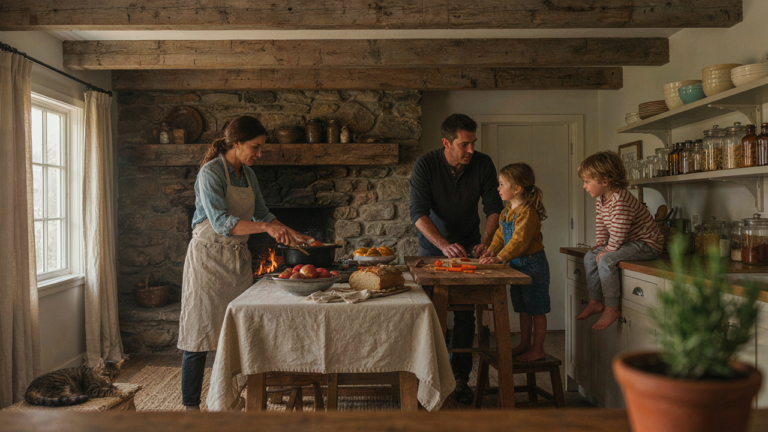 A rustic cabin kitchen with a large fireplace and reclaimed wood, showing family cooking.