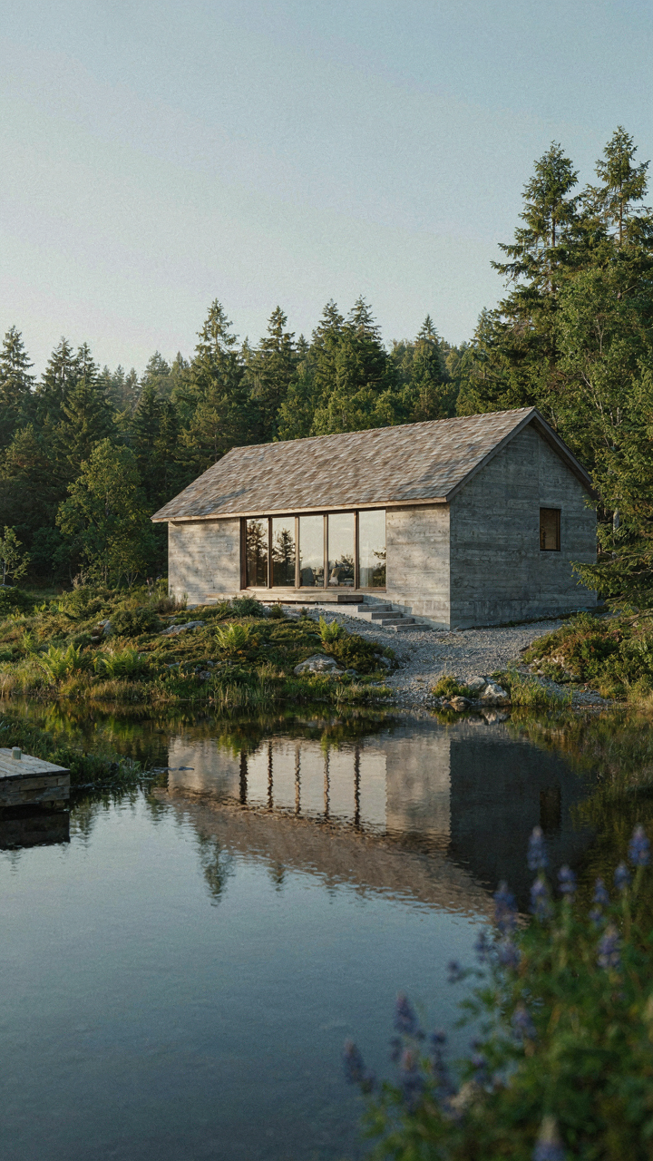 Lake cabin with a concrete wall and natural landscaping for water management.
