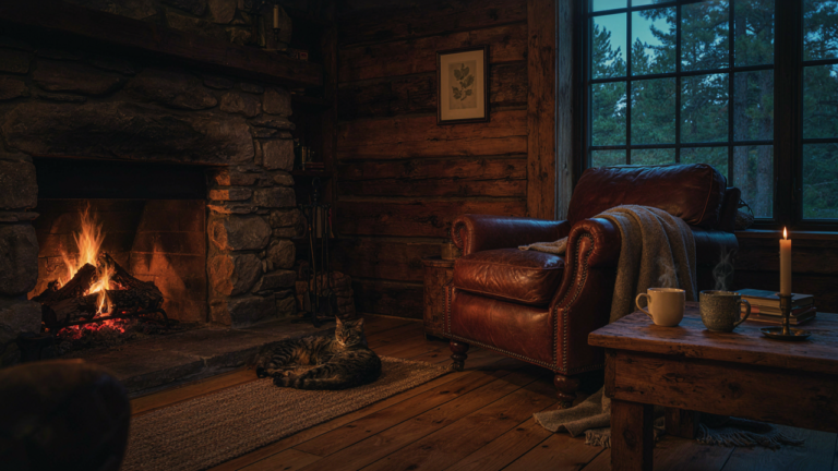 A warm cabin living room with a stone fireplace, leather chair, and wooden coffee table.