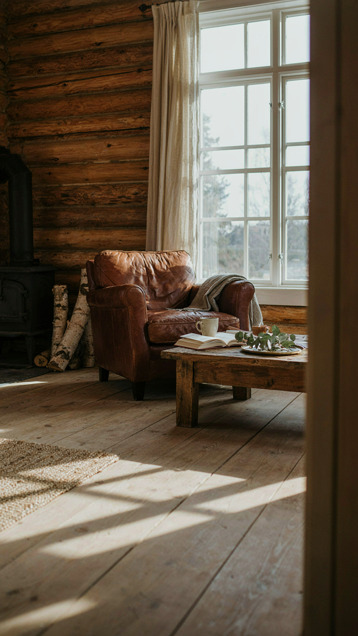Sunlight illuminates a log cabin living room, highlighting patterns on wood walls.