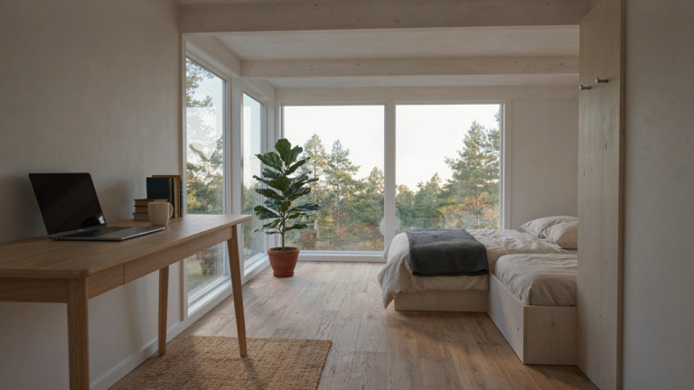 A bright, open modern cabin loft with a sleeping area and a small desk.
