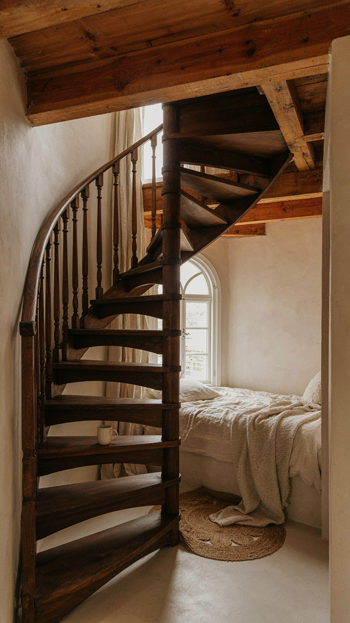 A compact wooden spiral staircase ascending to a cabin loft.