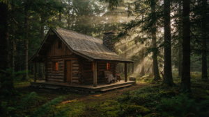 A rustic cabin with a large wraparound porch in a sunlit forest.