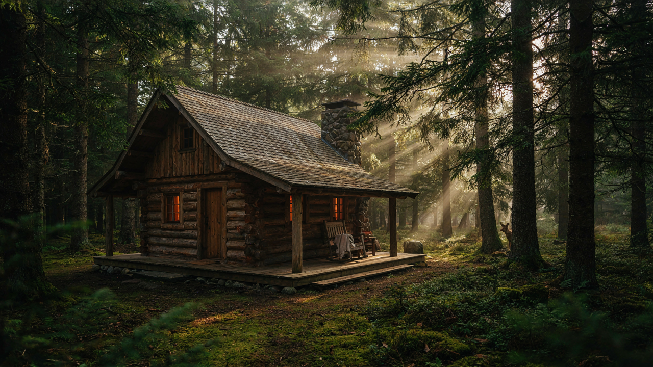 A rustic cabin with a large wraparound porch in a sunlit forest.