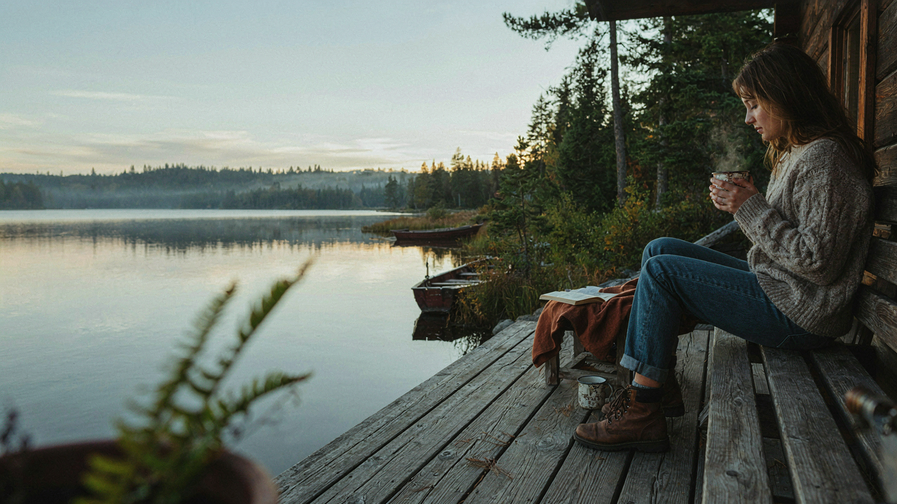 A cabin porch with a person drinking coffee and looking out at a lake at sunrise.