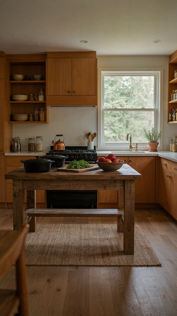 A functional log cabin kitchen showing essential items and built-in storage.