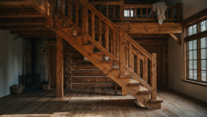 A rustic cabin interior with a sturdy timber cabin staircase leading to a cozy loft.
