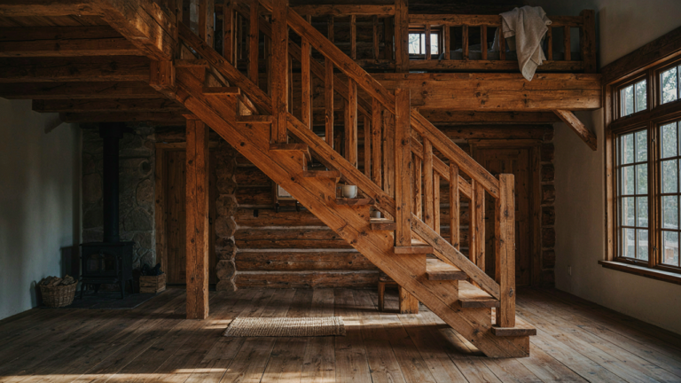 A rustic cabin interior with a sturdy timber cabin staircase leading to a cozy loft.