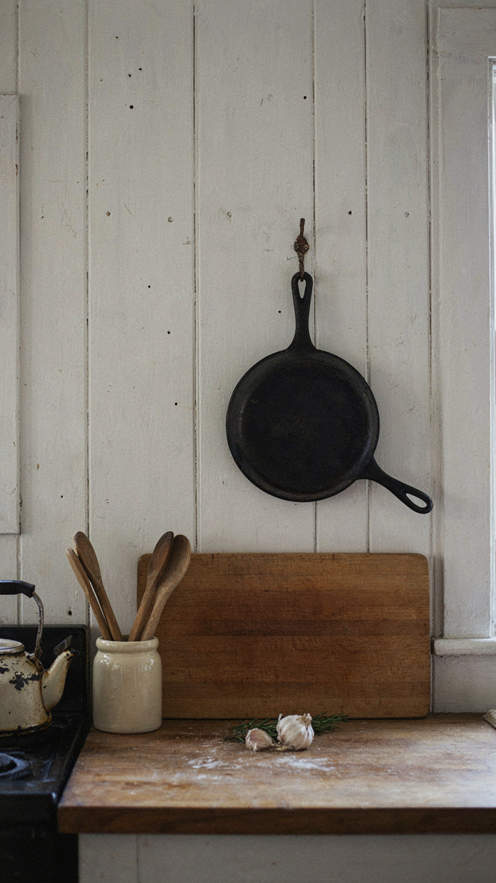 A sparse cabin kitchen features a heavy cast iron skillet hanging on a wall.