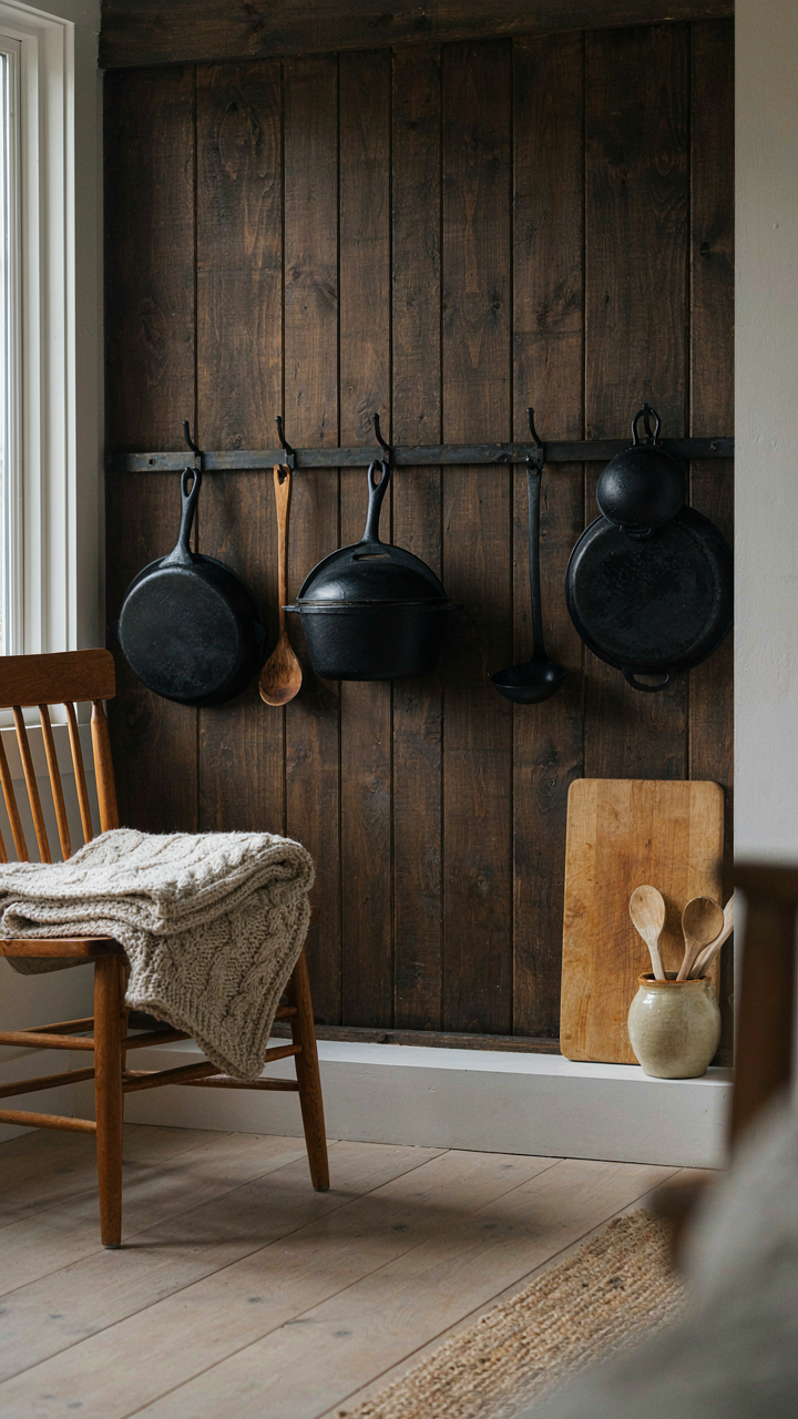 A cabin interior showing functional items like cast iron pans and a wooden board.