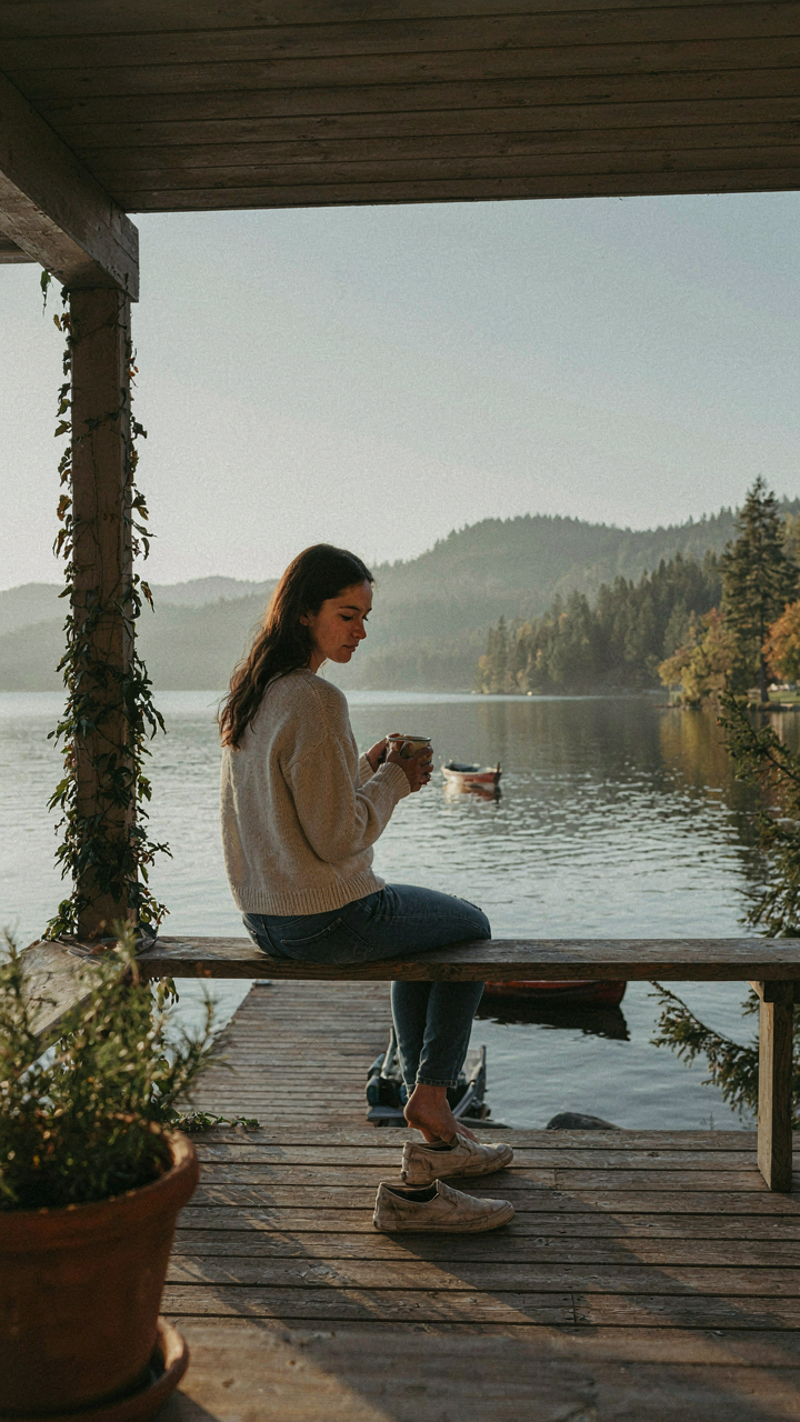 A person sits on a wraparound porch, looking out at a scenic lake.