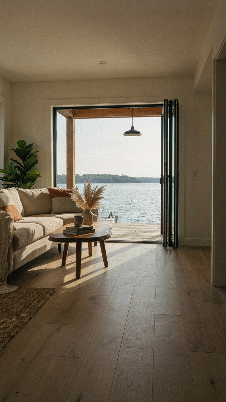 Lake cabin living area with a large sliding glass door to a covered porch.