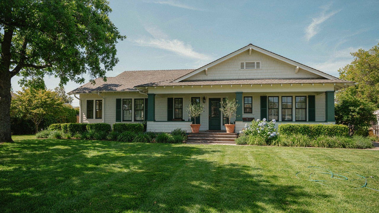 A classic California bungalow with a wide front porch and deep green lawn under sunny skies.