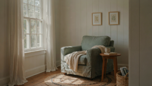 A sunlit Cape Cod cottage interior with an armchair, braided rug, and whitewashed walls.