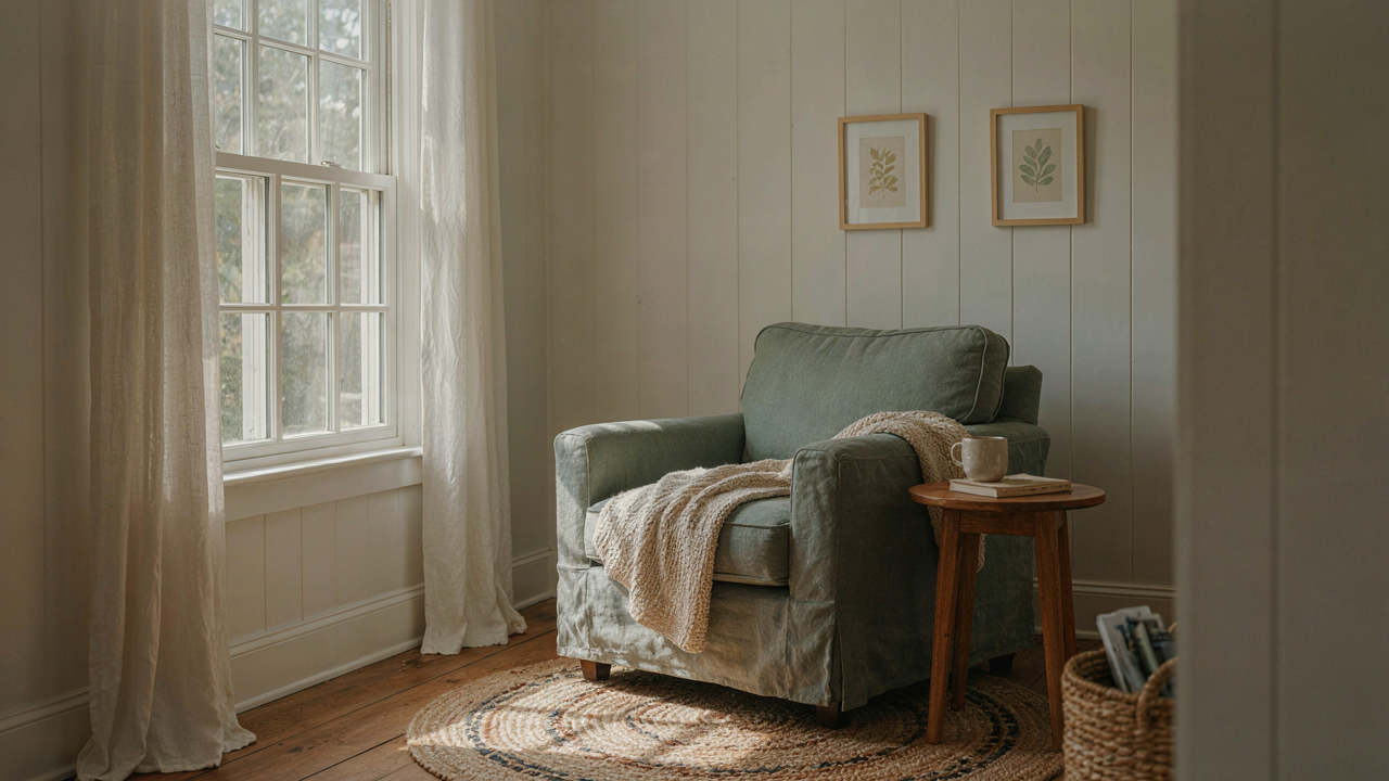 A sunlit Cape Cod cottage interior with an armchair, braided rug, and whitewashed walls.