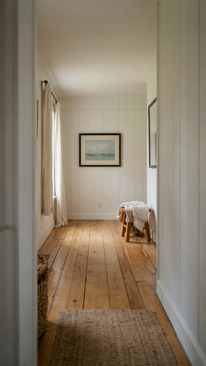 A clear sightline in a small living room with an artwork on the far wall.