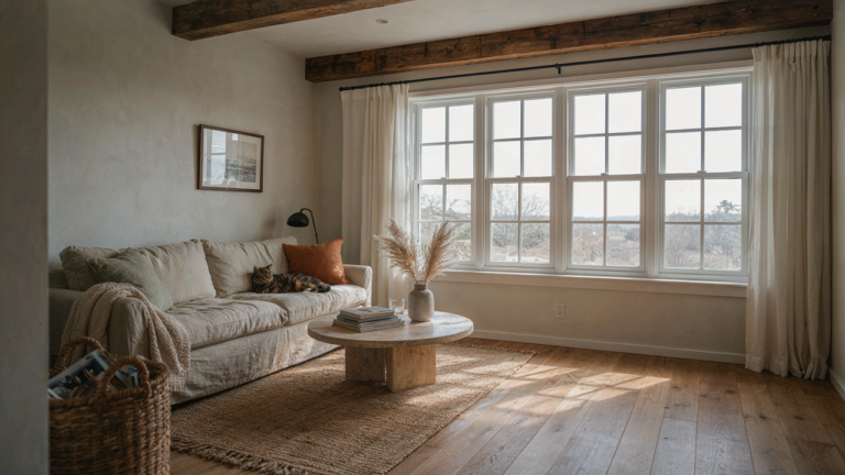 A bright cape cod style interior living room with white walls and wooden beams.