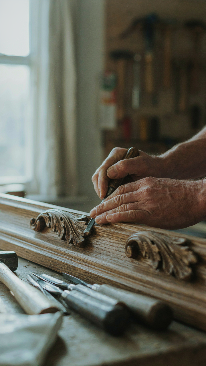 A craftsman's hands carve intricate leaves into a wooden mantelpiece.